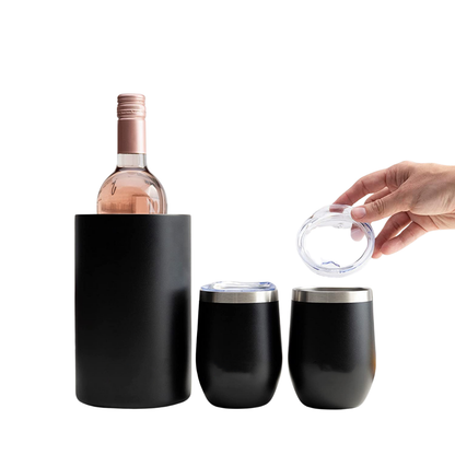 Stemless Wine Glasses with Lid & Insulated Wine Tumbler Chiller Bucket